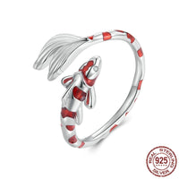 Sterling silver Lucky Koi Ring with red enamel koi fish wrapping around an adjustable open band