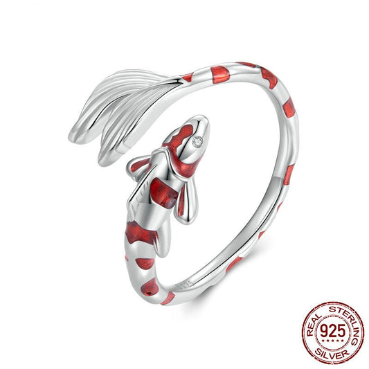 Sterling silver Lucky Koi Ring with red enamel koi fish wrapping around an adjustable open band
